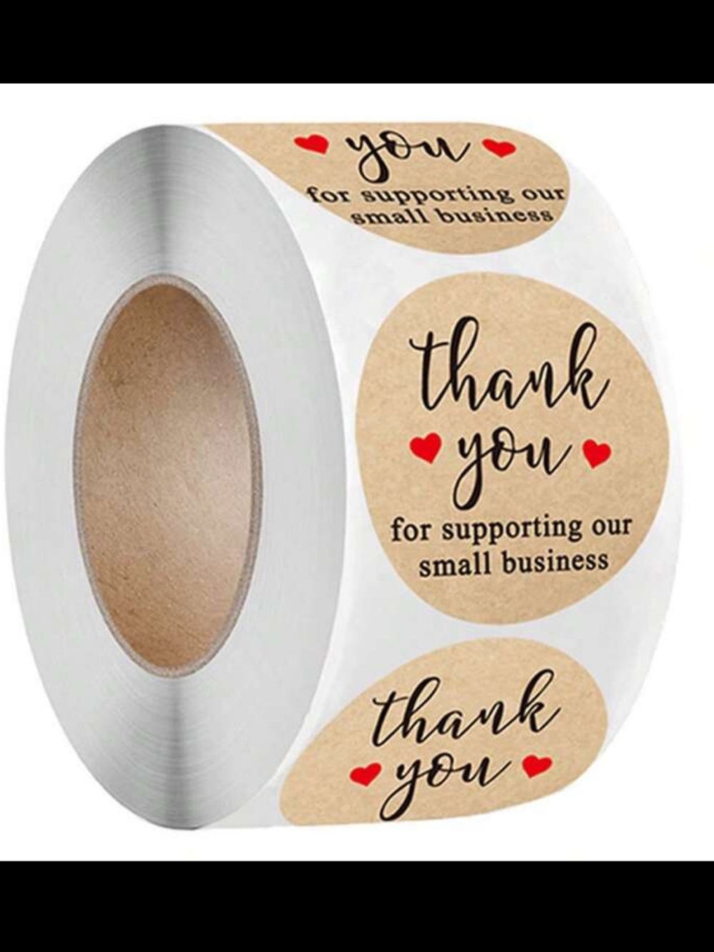 Thank You Sticker Roll with Black Text & Red Heart Accents on Tan - 500 ct.